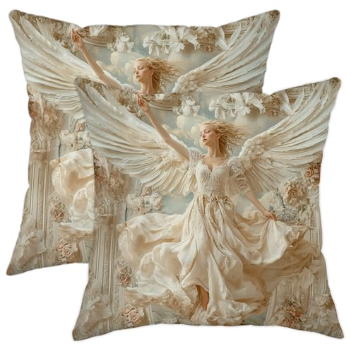 Angel Wings Pillow Covers Set of 2, Cream Decorative Throw Pillow Cases, Elegant Vintage Style Home Couch Accessories for Fall Winter Decor 16x16 Inch