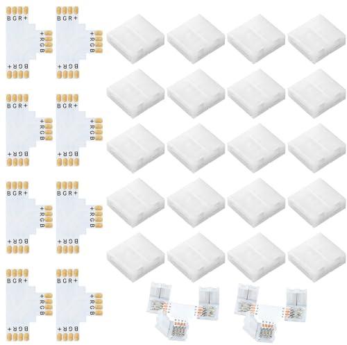 xruc 28PCS Kit Conectores Tiras LED 4 Pin 10mm para RGB SMD 5050 No Impermeable, Conector Clip para Tira LED con 20 Conectores y 8 Adaptador en T, Sin Soldadura, Conexión Rápida y Segura