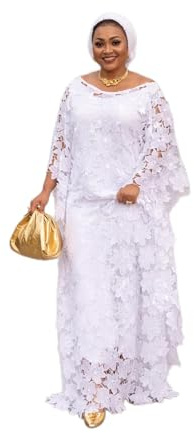 Women's White Floral Lace Kaftan Maxi Dress, African Traditional Gown, Loose Fit, for Weddings and Special Occasions