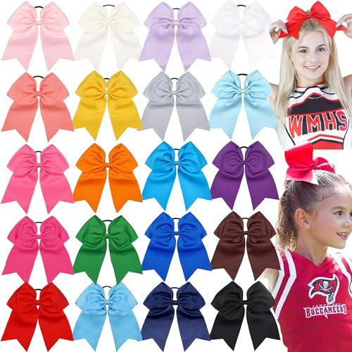 JOYOYO 20Pcs 8 Large Cheer Bows for Girls Ponytail Holder Grosgrain Ribbon Cheerleading Bows Elastic Hair Tie Bands for Baby Girls School College Teens Senior Cheerleader