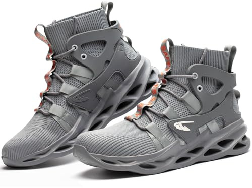 ORISTACO Work Safety Steel Toe Boots, Lightweight Breathable Industrial Construction Boots, High Cut 799 Grey 47
