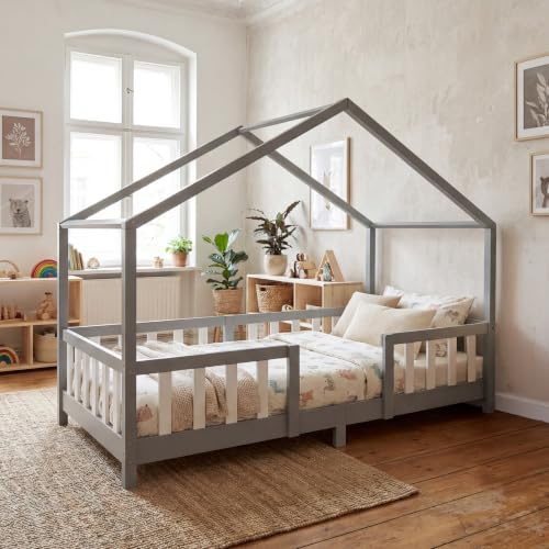 [en.casa] Letto per Cameretta a Forma di Casetta con Barriera di Protezione Letto Singolo in Stile Montessori per Bambini Struttura in Legno di Pino 90 x 200 cm Grigio Chiaro/Bianco