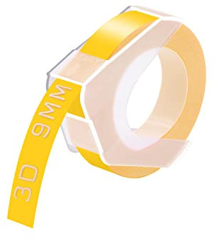 Cruxer Präglingstejp kompatibel med Omega 3D etikettband, självhäftande präglingstejp, 9 mm x 3 m vit på gul vinyl 3D-etiketter för Omega Junior-prägling, 3D-etiketttillverkare, 20-pack