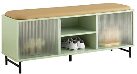 SoBuy Banc de Rangement à Chaussure, Commode à Chaussure, Meuble Bas Entrée, Banquette Rembourré sur Pieds avec 2 Compartiments et 2 Portes Coulissantes en Verre, 110x34x46 cm, Vert, FSR115-GR