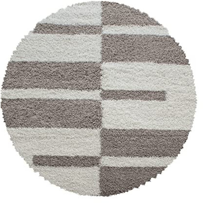 Carpetsale24 Hochflor Teppich Rund 200 cm Beige-Creme – Weicher Shaggy Flokati mit modernem Karomuster – Großer Bodenteppich für Wohnzimmer, Essbereich oder Schlafzimmer – Pflegeleicht