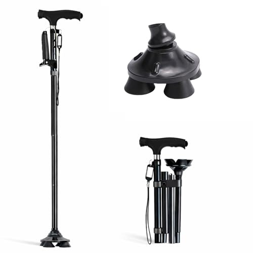 Adjustable Folding Walking Cane for Seniors, Second Handle Stand Assist, Quad Base Stability Cane with LED Light, Heavy Duty 320 lbs, Non-Slip Walking Stick