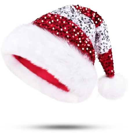 PUZAUKAL Bonnet de Noël Paillettes Adulte Unisexe Chapeau de Père Noël Chaud et Confortable Extra Doux pour Nouvel An Festif Fête de Vacances Rouge-Blanc