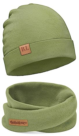 Bubalove - Set di Berretto e Sciarpa - Cappello e Colletto in Cotone per Bambino - Cuffia e Scaldacollo - Cappello a Maglia - Oliva