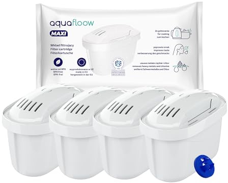 Aquafloow Vattenfilterpatroner 4 Stycken för Vattenkannor | Filterpatroner Kompatibla med Dafi Unimax Aquaphor A5 Brita Maxtra+ Philips AWP212/10 | Reducering av Kalkavlagringar och Klor