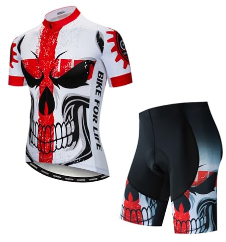 Cycling Jersey Shorts Set Men Bike Top Suit Cycle Shirt Pockets Bicycle Clothing Riding MTB Mountain Road Cyclist Biking Outfit Uniform Bicycing Clothes Black Red M