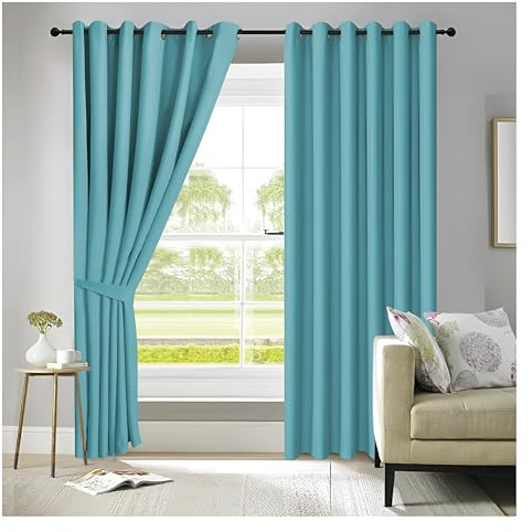 APEX FURNISHINGS Turquoise Blackout Curtains for Bedroom 90 Inch Drop Thermal Insulated Eyelet Curtains & Drapes for Window Treatment & Living Room, 2 Panels (66x90 Inches)