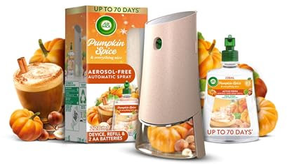 Air Wick Aerosol-Free Automatic Air Freshener Spray Kit| Pumpkin Spice & Everything Nice| 1 Gadget, 1 Refill and 2 AA Batteries| 24x7 Active Fresh Odour Neutraliser | Lasts Up to 70 Day