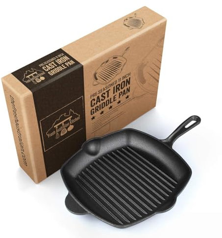 GARUET Ribbed Cast Iron Griddle Skillet Frying Pan 28cm (11 Inch). Oven Safe. Perfect for Stove Top, Camping, and Barbecue.