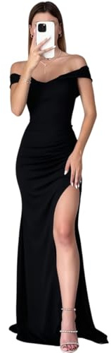 AOWVUTS Vestido de Noche para Mujer Sexy Maxi Vestido con Hombros Descubiertos Elegante Vestidos Largo con Abertura Vestidos de Fiesta Ajustado Bodycon para Cóctel Club Invitada Boda Ceremonia