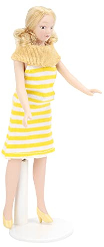 Ghzste Muñeca con pelo rubio y vestido amarillo, modelo de juguete para niñas, figuras de casa de muñecas, ideal para adornos con cabeza de cerámica y tela suave para