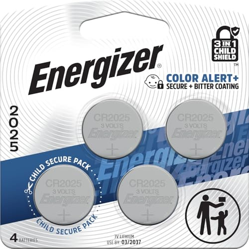 Energizer 2025 Batteries (4 Pack), 3V Lithium Coin Batteries With 3-in-1 Child Shield
