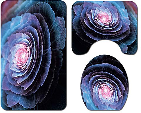 Morbuy Juego de 3 Piezas de Alfombra de baño Antideslizante + Tapa de Inodoro + Alfombrilla de baño, Estampado Floral (Azul)