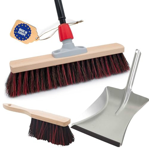 Novaliv Straßenbesen Set 40 cm I Besen Kehrblech und Handfeger Teleskopstiel I Arenga-Elaston schwarz-rot I mit Stiel ausziehbar I Industriebesen Kehrbesen Gartenbesen Hofbesen