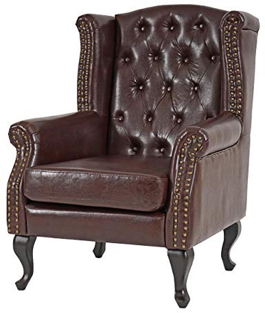 Fauteuil de Luxe à Oreilles Chesterfield Similicuir - Brun Antique sans Pouf