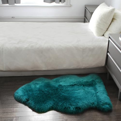 Natural Milan Genuine Sheepskin Area Rugs with Thick and Lush Pile, Fluffy Sheep Fur Rug with Anti-Skid Backing for Bedroom Living Room, Single Pelt, Steel Blue 2 ft x 3 ft