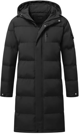 Allthemen Mens Down Jacket Mid Length Hooded Padded Coat Parka | Mens Winter Warm Lightweight Puffer Jacket Zip Up Windproof Outwear Solid Color Business Casual Thick Jacket
