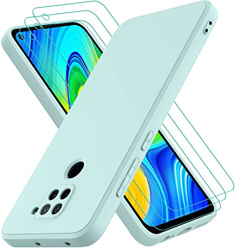 Oureidoo Funda para Xiaomi Redmi Note 9 con 3 Unidades Cristal Templado, Carcasa de Sedoso-Tacto Suave Silicona Líquida, Cubierta a Prueba de Golpes con Forro de Microfibra, Verde Claro