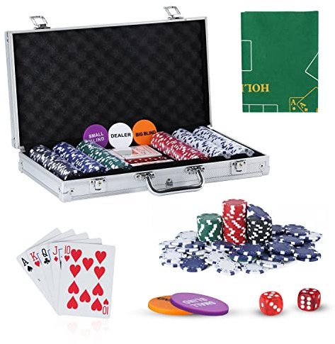 SILVER VALLEY Texas Holdem Poker Set, 300 Piece Set in Aluminium Case with 11.5g Heavyweight Chips, 1 double-sided reversible Flet Mat, 2 Decks Playing Cards, 5 Dice, Dealer, Big Small Blind Button