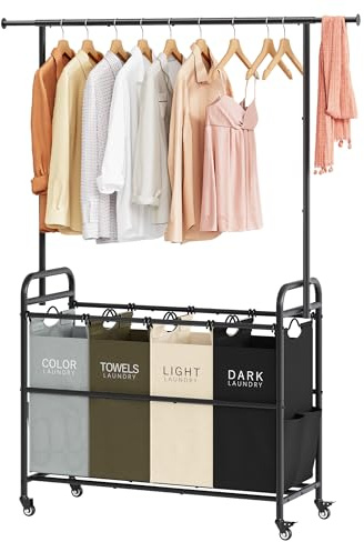 Tajsoon Laundry Sorter Cart with Hanging Clothes Rack, 4 Butler Sorter Basket Organizer, Laundry Hamper Cart with Heavy Duty Rolling Lockable Wheels, 4 Colors
