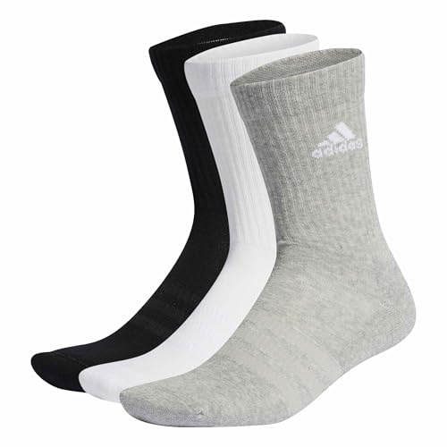 adidas Unisex Cushioned Crew Socks 3 Pairs, Medium Grey Heather/White/Black, 4.5-6
