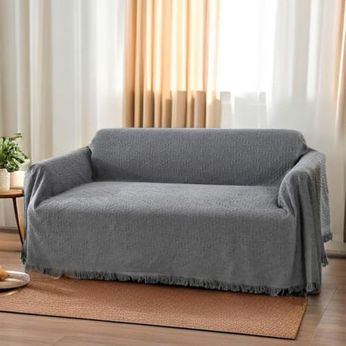 DECMAY Grey Throw Blanket 180 x 300 cm, T-Grid Woven Cotton Blend, Breathable Soft Lightweight Sofa Blanket with Tassels for Couch, Bed, Living Room