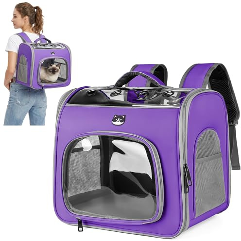 ALLSOPETS Foldable Cat Carrier Backpack with Bubble Window and Safety Hook, Breathable Pet Backpack for Small Dogs and Cats, Ideal for Travel Hiking Walking (Lavender Purple)