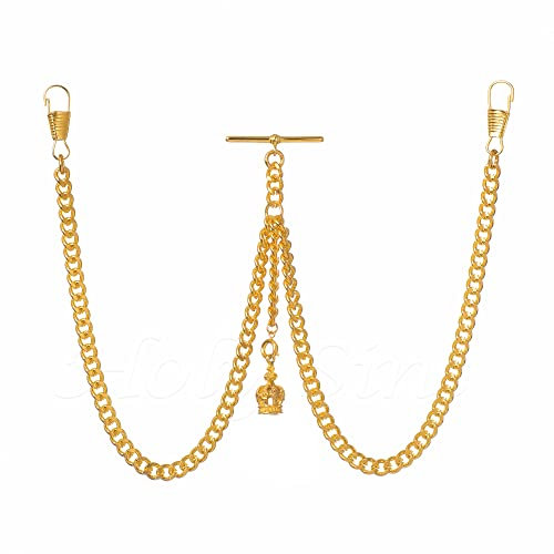 Holy Sins Jewellery Handmade in The UK Gold Colour Double Albert Pocket Watch Chain with Crown Pendant (14)