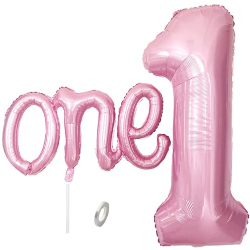 WEILINZHOU 2Pcs Pastel Pink One Balloon Set, 40inch Large Foil Light Pink Number 1 Balloon and 26inch Script Letter One Banner for Boy or Girl 1st Birthday Decorations