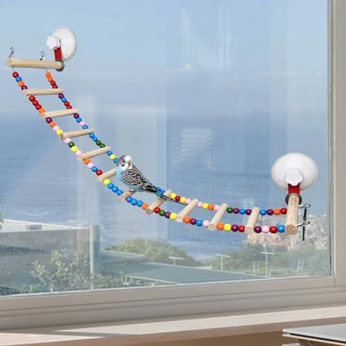 FlidRunest Suction Cup Wooden Bird Perch Stand Toy, Colorful Bird Parrot Ladder Bridge Toys for Window/Bath/Car, Climbing Ladder for Parrot, Lovebird, Parakeet, Budgie