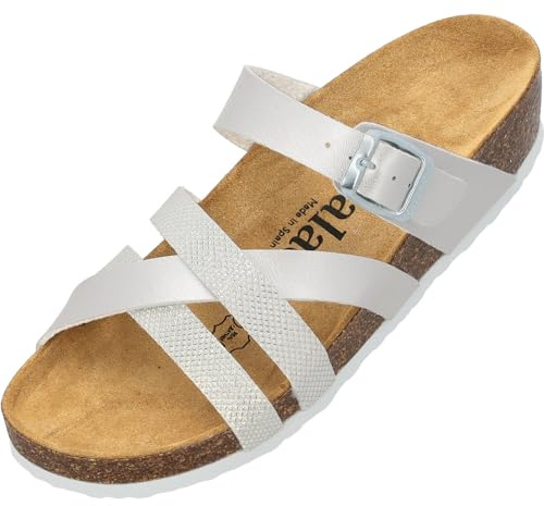 Palado Pantoletten Damen Balmur - modische Sandalen Made in Spain - Hausschuhe mit Kork-Fußbett - bequeme Sommerschuhe Weiß Metallic UK5,5 - EU38