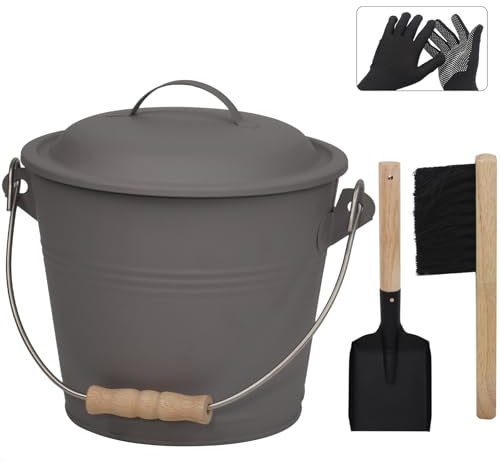 Poofzy Cubo de cenizas con tapa, cubo de cenizas de 1.3 galones para chimenea, cubo de metal para cenizas, incluye pala y escoba de mano para estufa de leña, hoguera y parrilla, color gris