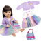 Puppenkleidung 50-55 cm für Baby Puppen, Süßes Kleid Puppenkleidung Mantel Tasche für Babypuppen, 3 Teilig Lila Kleid für Reborn
