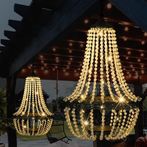 Hängender Solar-Kronleuchter für den Außenbereich, 30 warmweiße Lichter, Acrylperlen, Kronleuchter mit S-Haken, moderne Laterne für Garten, Hof, Terrasse, Pavillon, Dekorationen, 71,1 cm H