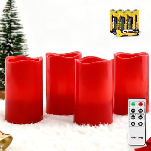 Rhytsing Äkta Vax Rött Batteridrivna Flamlösa LED-ljus med fjärrkontroll, Realistiska Julljus för Jul och Advent, 8 AA Batterier och Ingår - 7,5 x 7,5 x 12,5 cm