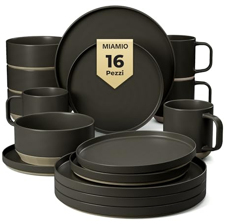 MIAMIO - Set di stoviglie per 4 persone/Set di stoviglie in pietra da 16 pezzi/Lavastoviglie e microonde - Collezione Sierra (scuro, (16x))