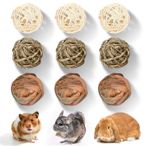 Ruioomeep Bolas masticables, 9 piezas de juguete de conejo, juguete para masticar, hámster animales pequeños, juguete para masticar, bolas naturales, golosinas trenzadas, pajita divertida, juguete
