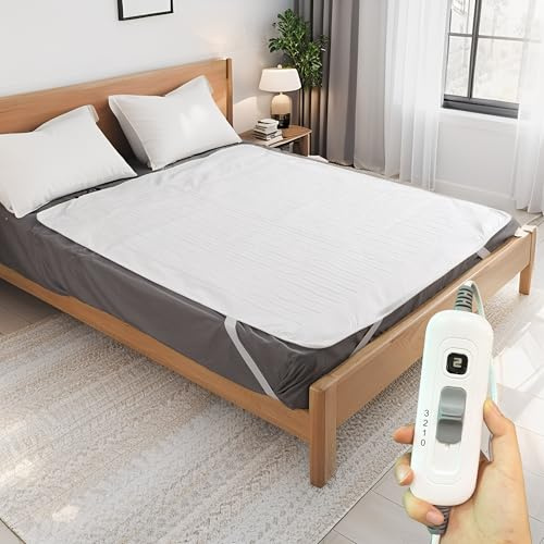 Centhermy Electric Heated Underblanket 120×135cm White – Soft Flannel & Cotton Fleece, Fast Heating 3 Heat Settings, Elastic Straps Anti-Slip, Machine Washable, Bed Use