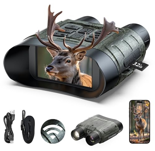 Jumelles Vision Nocturne WiFi pour Adultes, Jumelles Infrarouge 4K 112MP, Zoom 12X et Ecran HD, Batterie 5000mAh avec Carte 32GB Incluse, pour Camping Observation Animaux Chasse Securite Exterieur