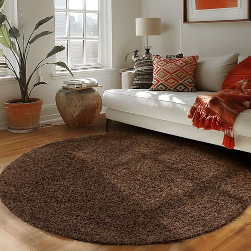 Carpettex Hochflor Teppich Wohnzimmer 120 cm Rund Braun - Flauschiger Teppich Extra Weich und Pflegeleicht - Shaggy Teppich Modern Einfarbig Design - Teppich für Schlafzimmer, Esszimmer und Küche