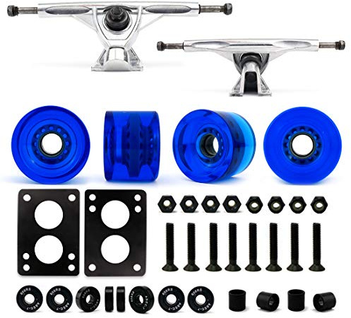 VJ Skateboard Longboard Truck and Wheel, 70mm Long Board Wheels w 7inch 180mm Skateboard Trucks (Silver) Longboard Bearings Longboard Hardware Skateboard Riser Pads (Gel Blue)