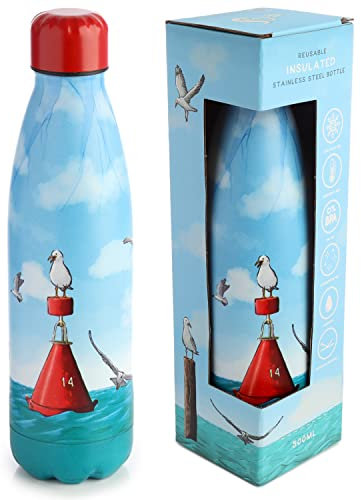 Puckator Reusable Seagulls Insulated Hot & Cold Drinks Bottle, Leakproof Thermal Travel Flask, 500ml, Stainless Steel Double Walled, BPA Free PVC, Height 26cm Diameter 7cm