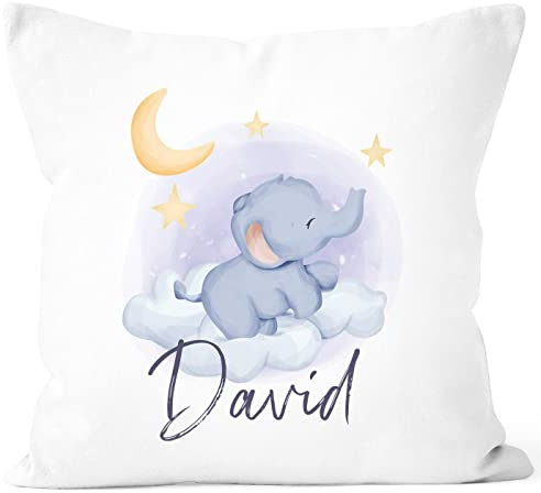 SpecialMe® Kissen-Bezug Kinder mit Namen und Elefant Wunschname Namenskissen Mond und Sterne Kinder Baby weiß 40cm x 40cm