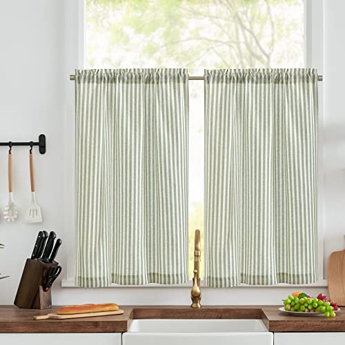 Vangao Tende per Interni a Righe in Misto Lino Verde Tende Cucina Corta Moderne 65 x 60 cm 2 pezzi Finestra Soggiorno Salotto Bistrot Country Rustico Camera da letto Semitrasparenti con passanti