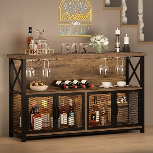 LVB Industrieller Kaffeebar-Schrank, Bauernhaus-Weinbarschrank für Likör und Gläser, Metall-Holz, Sideboard, Buffet, Likörschrank und Weinregal mit Stauraum für Zuhause, Esszimmer, Küche, rustikales