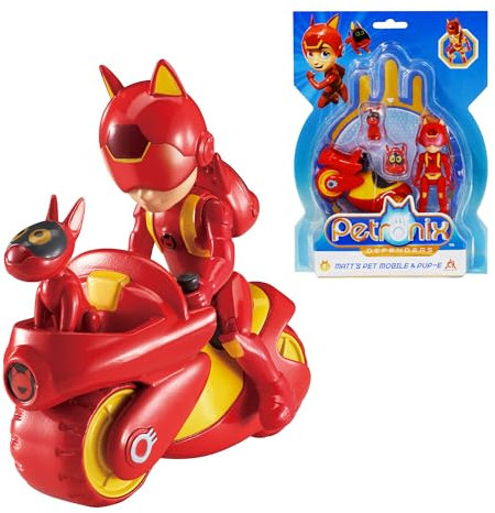 AlphaToys Petronix Defenders EU820010 - Matt Actionfigur & Pet Pup-E, ca. 8 cm große Spielfigur mit tierischem Begleiter für Kinder, inkl. Haustiermobil und Rucksack, Rot